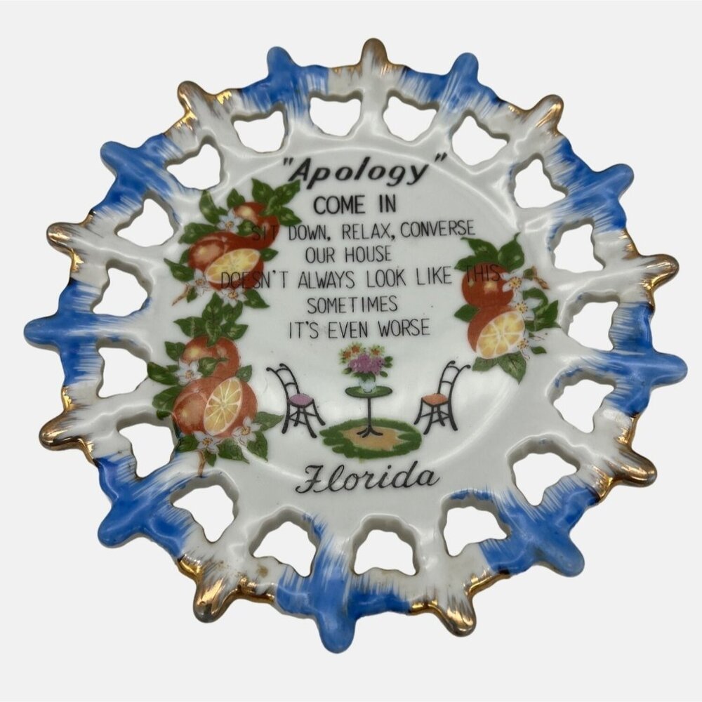 Decorative Florida Souvenir Porcelain Reticulated Plate Apology Quote Gold Trim - Picture 1 of 4